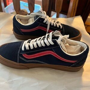 Vans Low-Top Canvas Sneakers in Navy with Red Stripe and Gum Sole